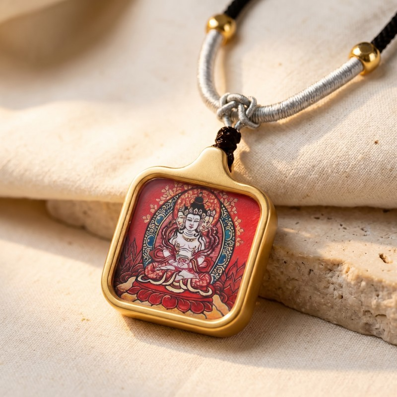 Vairocana (Four-Faced) Hand-Painted Thangka Pendant | Buddha of Universal Wisdom & Enlightenment Amulet thumbnail