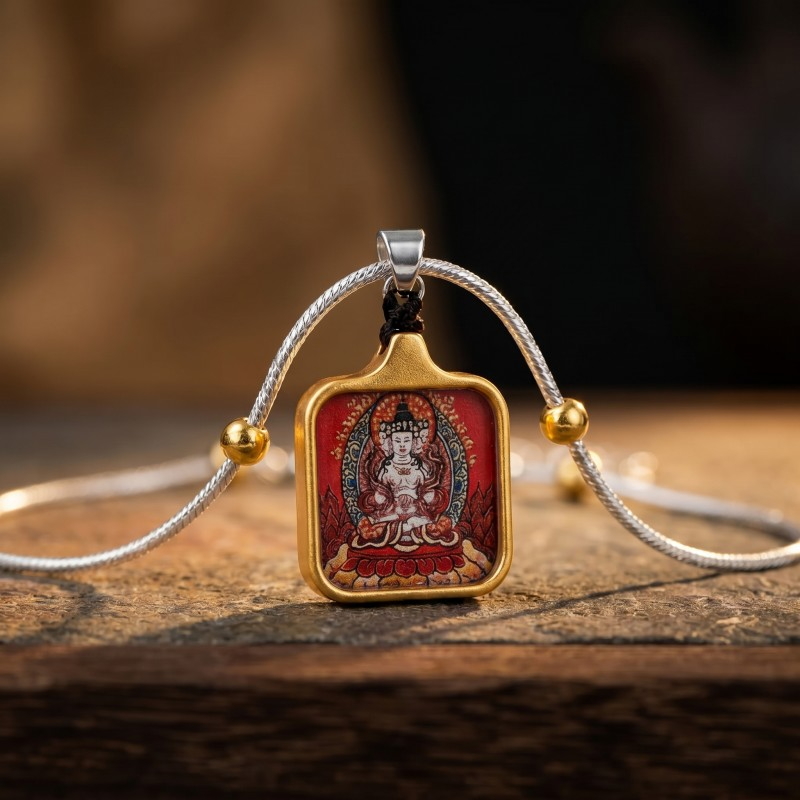 Vairocana (Four-Faced) Hand-Painted Thangka Pendant | Buddha of Universal Wisdom & Enlightenment Amulet thumbnail