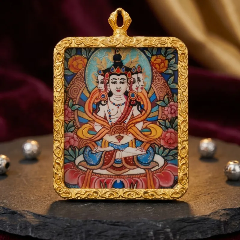 Vairocana (Great Sun Buddha) Hand-Painted Thangka Pendant | Cosmic Buddha Amulet for Wisdom & Enlightenment thumbnail