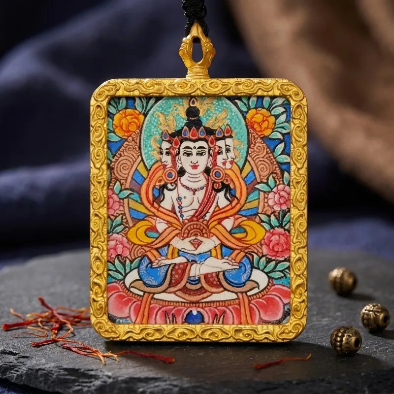 Vairocana (Great Sun Buddha) Hand-Painted Thangka Pendant | Cosmic Buddha Amulet for Wisdom & Enlightenment thumbnail