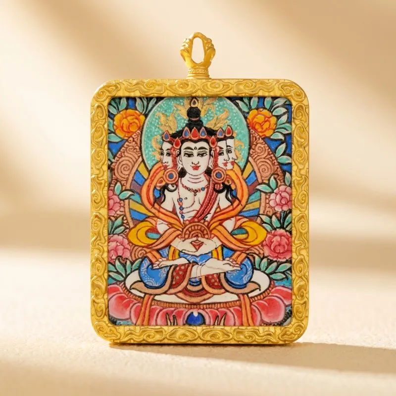 Vairocana (Great Sun Buddha) Hand-Painted Thangka Pendant | Cosmic Buddha Amulet for Wisdom & Enlightenment thumbnail