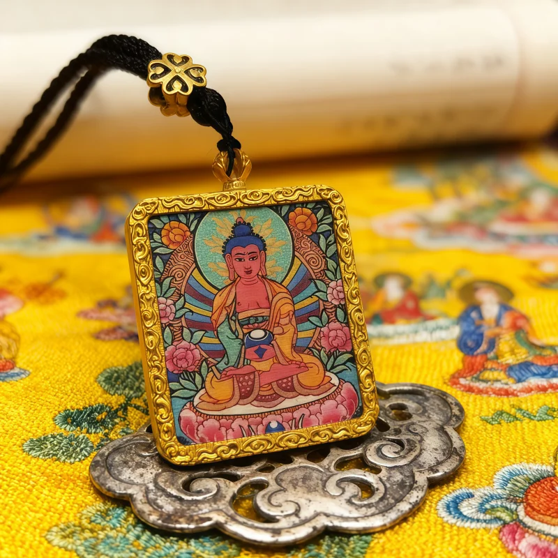 White Jambhala Hand-Painted Thangka Pendant | God of Purity & Steady Wealth Amulet thumbnail