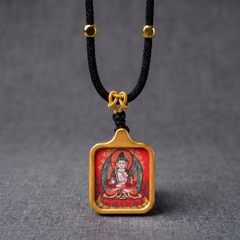 White Tara Hand-Painted Thangka Pendant | Goddess of Longevity, Compassion & Healing Amulet thumbnail