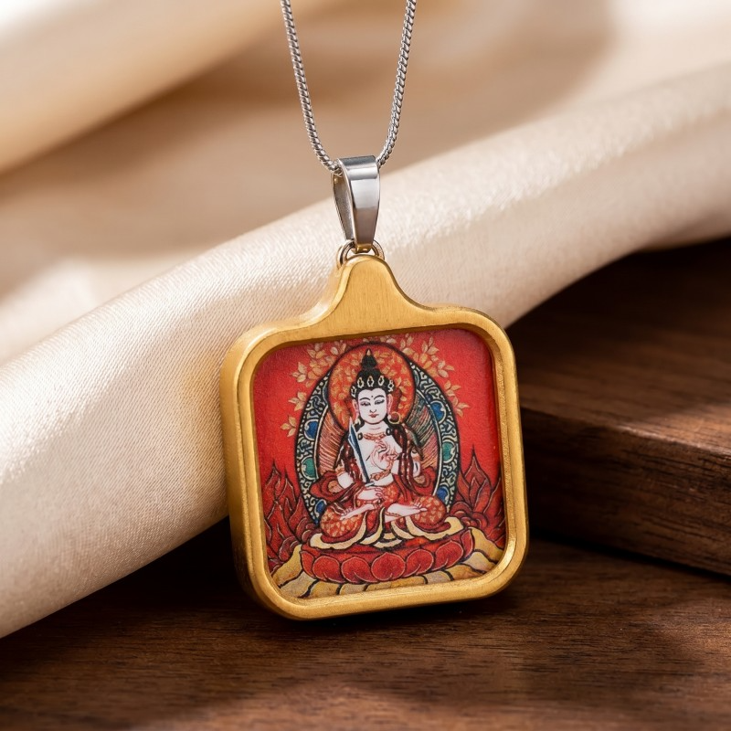 White Tara Hand-Painted Thangka Pendant | Goddess of Longevity, Compassion & Healing Amulet thumbnail