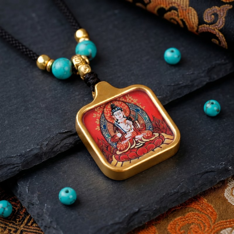 White Tara Hand-Painted Thangka Pendant | Goddess of Longevity, Compassion & Healing Amulet thumbnail