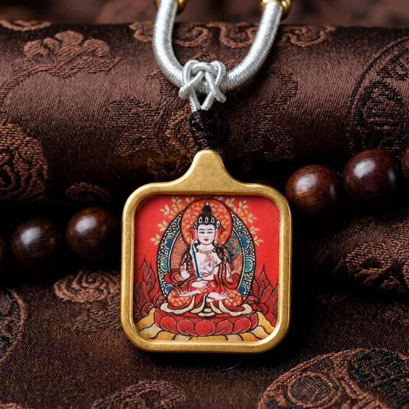 White Tara Hand-Painted Thangka Pendant | Goddess of Longevity, Compassion & Healing Amulet thumbnail