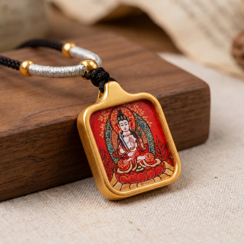 White Tara Hand-Painted Thangka Pendant | Goddess of Longevity, Compassion & Healing Amulet thumbnail