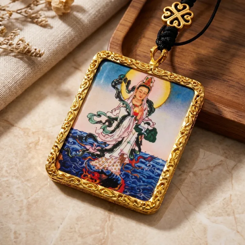 White Tara Hand-Painted Thangka Pendant | Goddess of Longevity, Compassion & Protection Amulet thumbnail