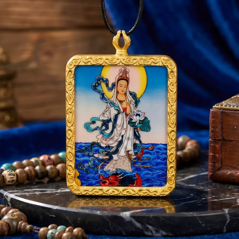 White Tara Hand-Painted Thangka Pendant | Goddess of Longevity, Compassion & Protection Amulet thumbnail