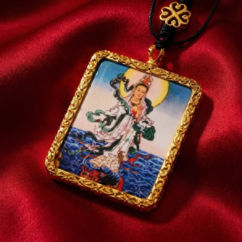 White Tara Hand-Painted Thangka Pendant | Goddess of Longevity, Compassion & Protection Amulet thumbnail