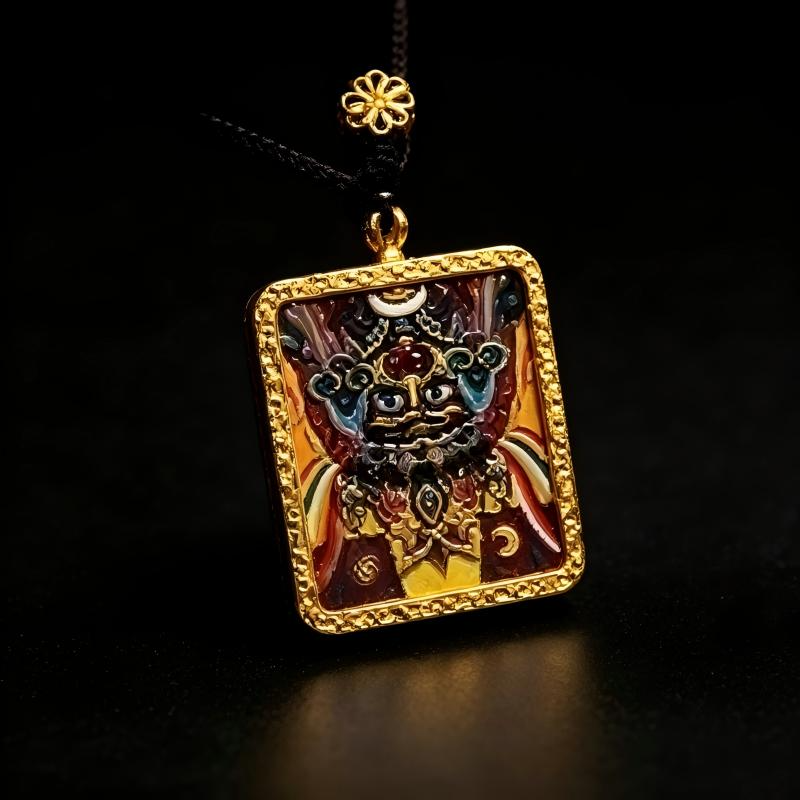 Yamantaka Hand-Painted Thangka Pendant | Tibetan Wrathful Protector Amulet for Overcoming Obstacles thumbnail