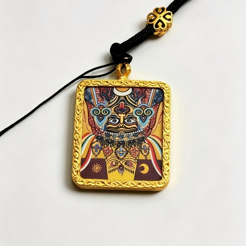Yamantaka Hand-Painted Thangka Pendant | Tibetan Wrathful Protector Amulet for Overcoming Obstacles thumbnail
