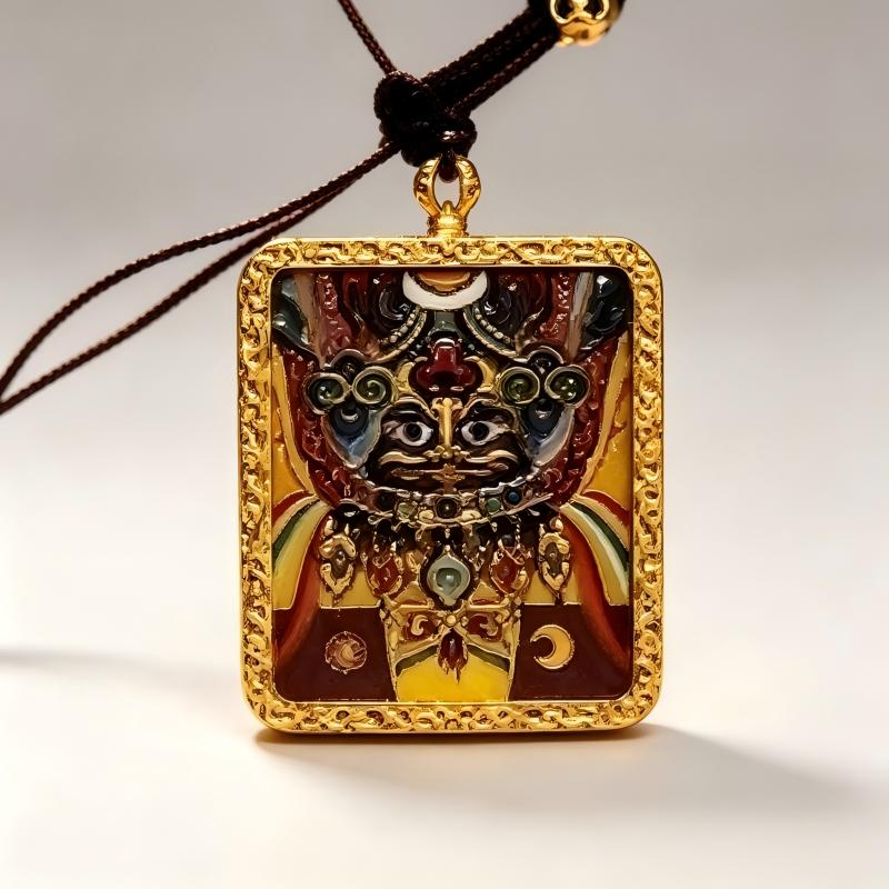 Yamantaka Hand-Painted Thangka Pendant | Tibetan Wrathful Protector Amulet for Overcoming Obstacles thumbnail