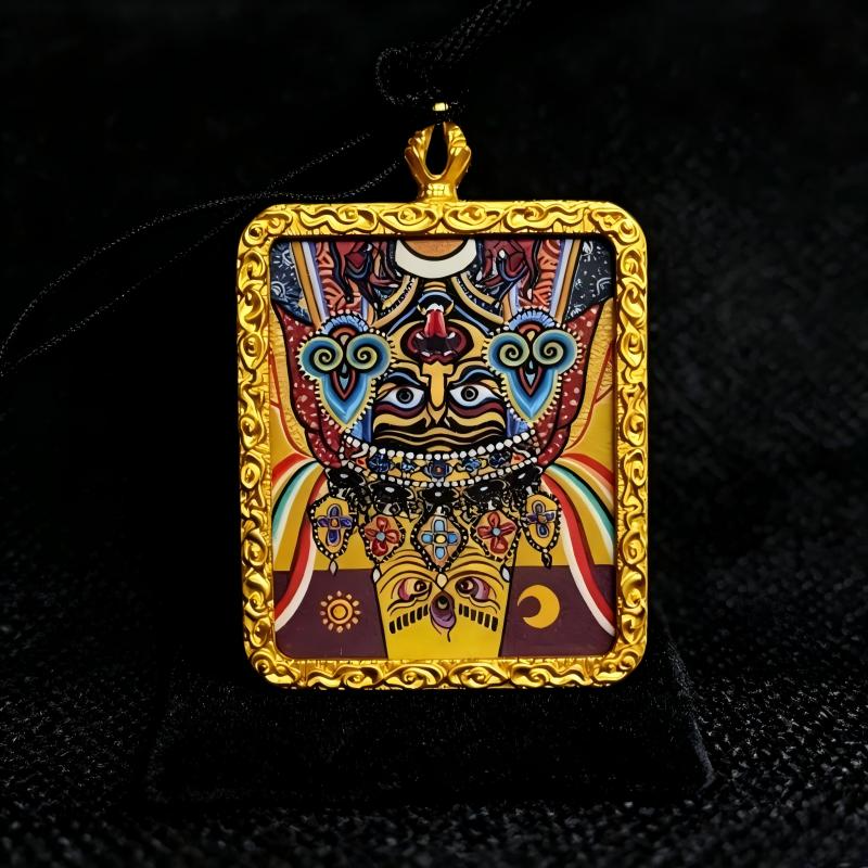 Yamantaka Hand-Painted Thangka Pendant | Tibetan Wrathful Protector Amulet for Overcoming Obstacles thumbnail