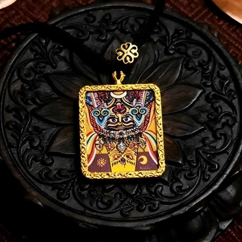Yamantaka Hand-Painted Thangka Pendant | Tibetan Wrathful Protector Amulet for Overcoming Obstacles thumbnail