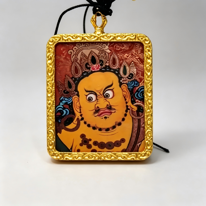 Yellow Jambhala (Five Wealth Deities) Hand-Painted Thangka Pendant | God of Wealth & Prosperity Amulet thumbnail