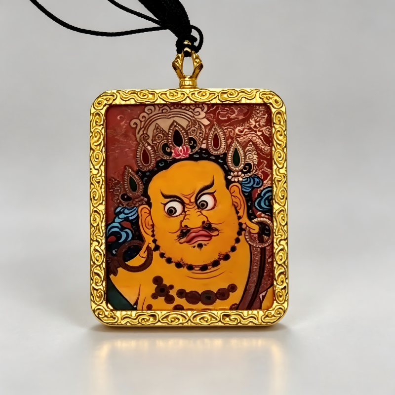 Yellow Jambhala (Five Wealth Deities) Hand-Painted Thangka Pendant | God of Wealth & Prosperity Amulet thumbnail