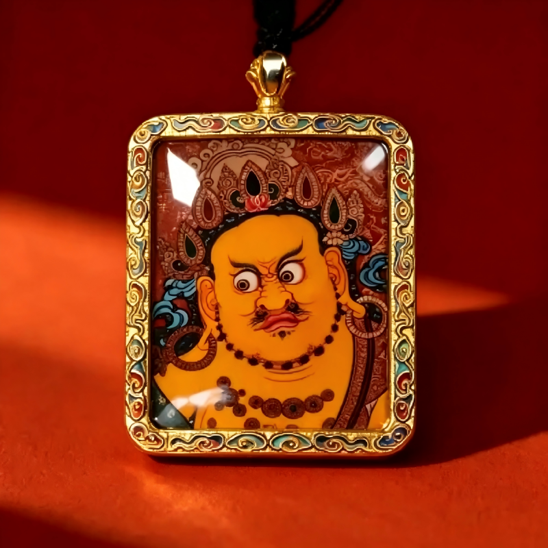 Yellow Jambhala (Five Wealth Deities) Hand-Painted Thangka Pendant | God of Wealth & Prosperity Amulet thumbnail
