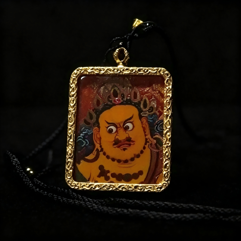 Yellow Jambhala (Five Wealth Deities) Hand-Painted Thangka Pendant | God of Wealth & Prosperity Amulet thumbnail