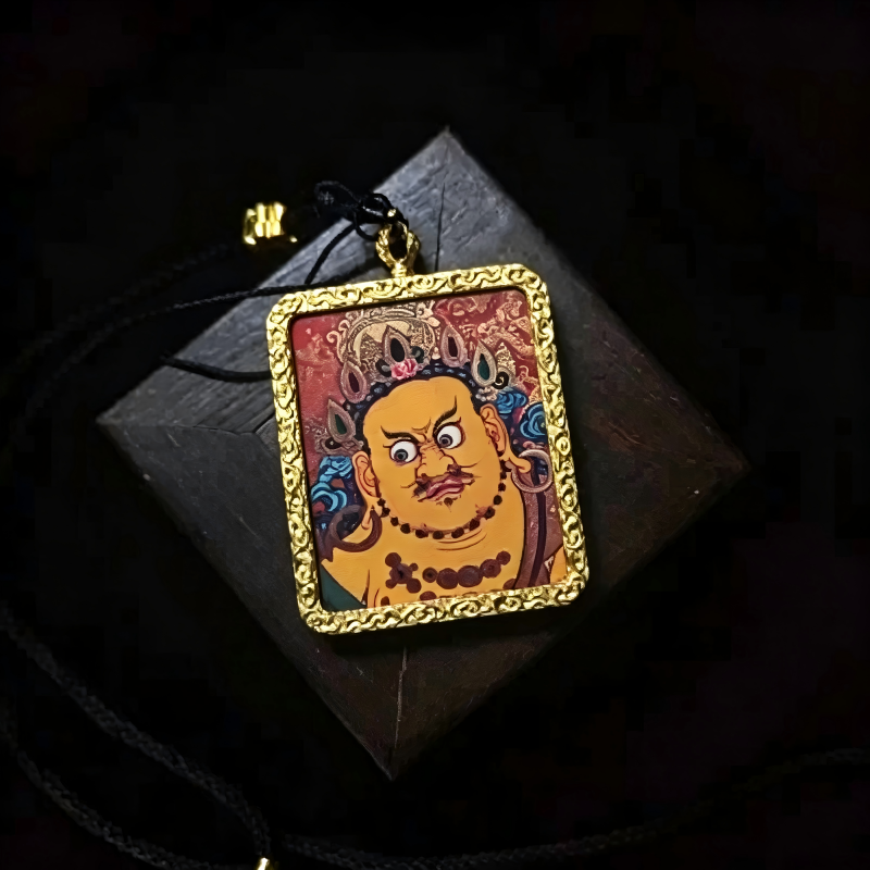 Yellow Jambhala (Five Wealth Deities) Hand-Painted Thangka Pendant | God of Wealth & Prosperity Amulet thumbnail