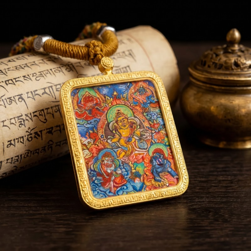 Yellow Jambhala (Golden Form) Hand-Painted Thangka Pendant | God of Wealth & Prosperity Amulet thumbnail