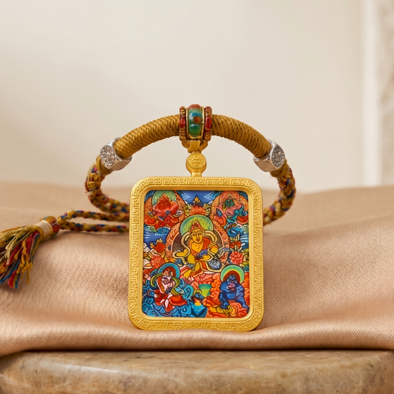 Yellow Jambhala (Golden Form) Hand-Painted Thangka Pendant | God of Wealth & Prosperity Amulet thumbnail