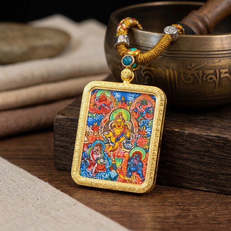 Yellow Jambhala (Golden Form) Hand-Painted Thangka Pendant | God of Wealth & Prosperity Amulet thumbnail