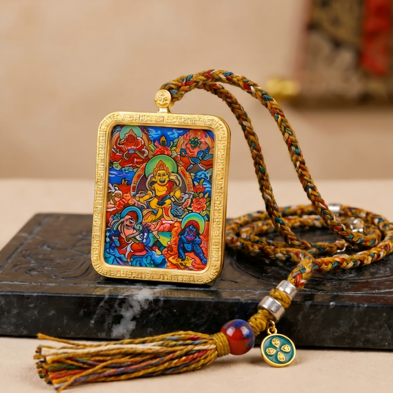 Yellow Jambhala (Golden Form) Hand-Painted Thangka Pendant | God of Wealth & Prosperity Amulet thumbnail