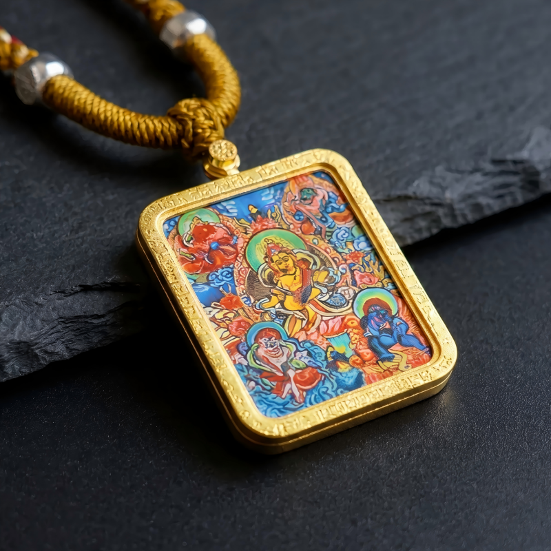 Yellow Jambhala (Golden Form) Hand-Painted Thangka Pendant | God of Wealth & Prosperity Amulet thumbnail