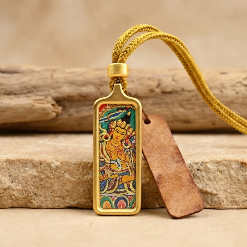 Yellow Jambhala Hand-Painted Thangka Pendant | God of Wealth & Prosperity Amulet thumbnail