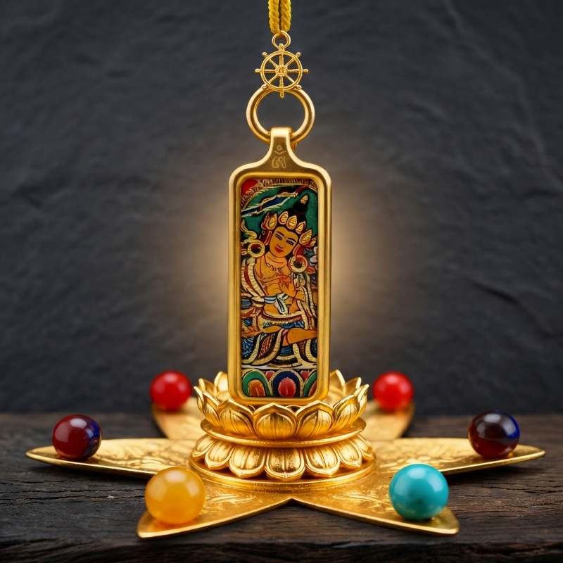 Yellow Jambhala Hand-Painted Thangka Pendant | God of Wealth & Prosperity Amulet thumbnail