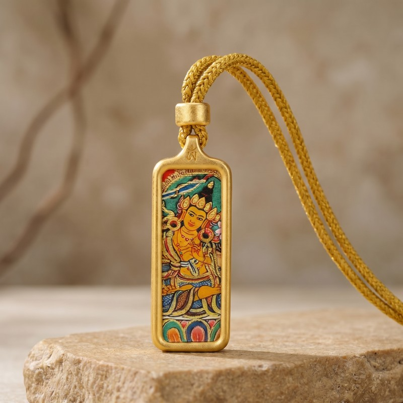 Yellow Jambhala Hand-Painted Thangka Pendant | God of Wealth & Prosperity Amulet thumbnail