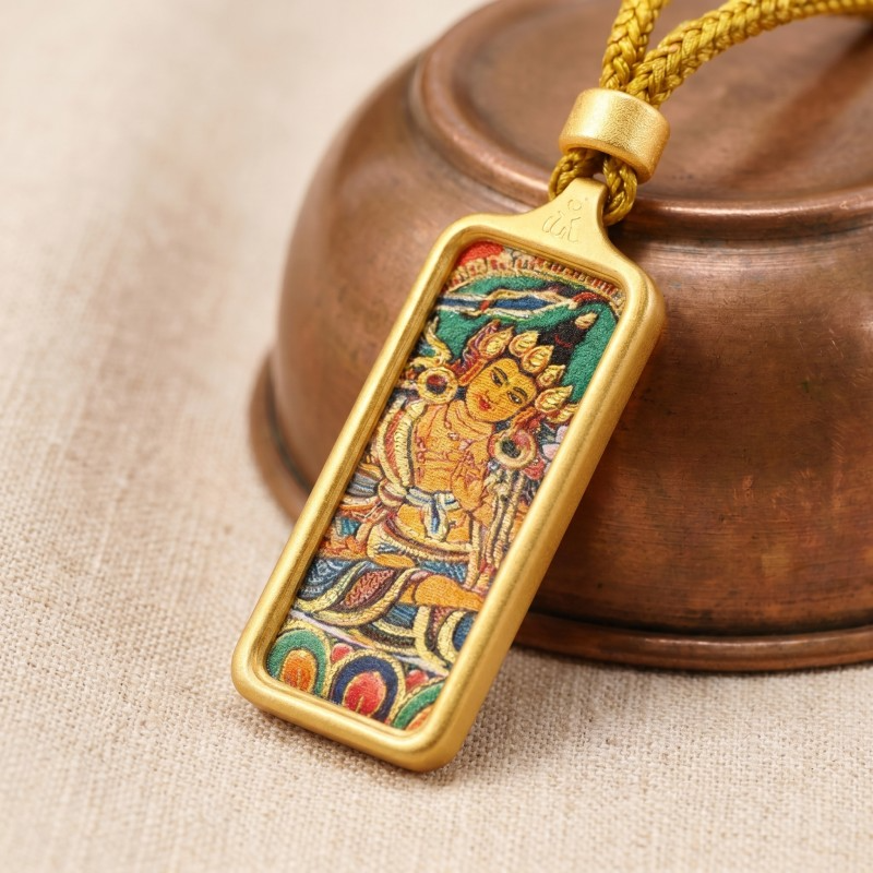 Yellow Jambhala Hand-Painted Thangka Pendant | God of Wealth & Prosperity Amulet thumbnail