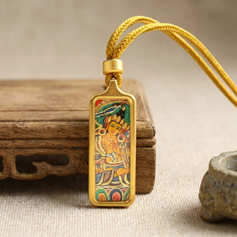 Yellow Jambhala Hand-Painted Thangka Pendant | God of Wealth & Prosperity Amulet thumbnail