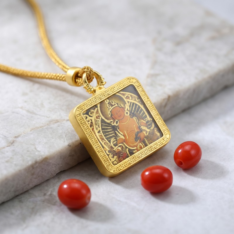 Yellow Jambhala Hand-Painted Thangka Pendant | God of Wealth & Prosperity Amulet thumbnail