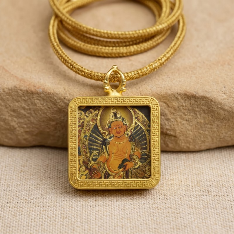 Yellow Jambhala Hand-Painted Thangka Pendant | God of Wealth & Prosperity Amulet thumbnail