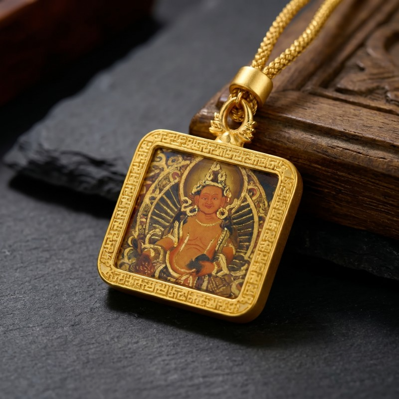 Yellow Jambhala Hand-Painted Thangka Pendant | God of Wealth & Prosperity Amulet thumbnail