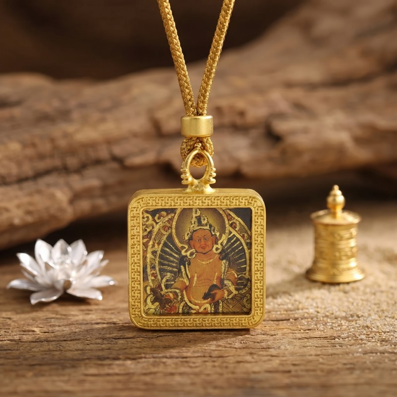 Yellow Jambhala Hand-Painted Thangka Pendant | God of Wealth & Prosperity Amulet thumbnail