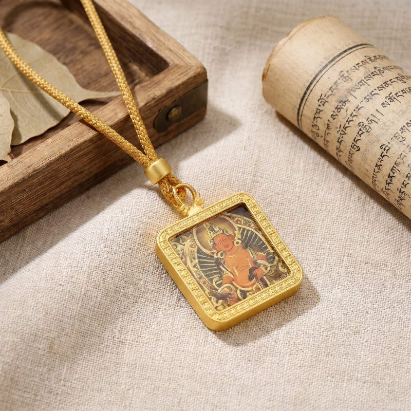 Yellow Jambhala Hand-Painted Thangka Pendant | God of Wealth & Prosperity Amulet thumbnail