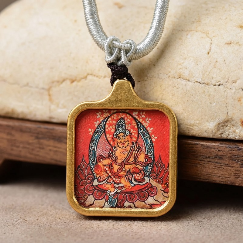Yellow Jambhala Hand-Painted Thangka Pendant | God of Wealth & Prosperity Amulet thumbnail