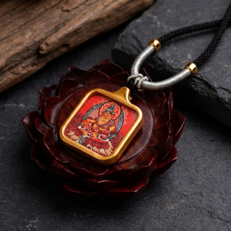 Yellow Jambhala Hand-Painted Thangka Pendant | God of Wealth & Prosperity Amulet thumbnail