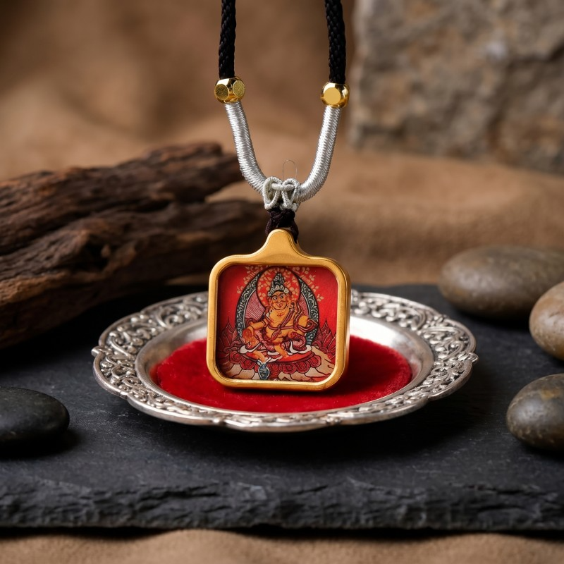 Yellow Jambhala Hand-Painted Thangka Pendant | God of Wealth & Prosperity Amulet thumbnail