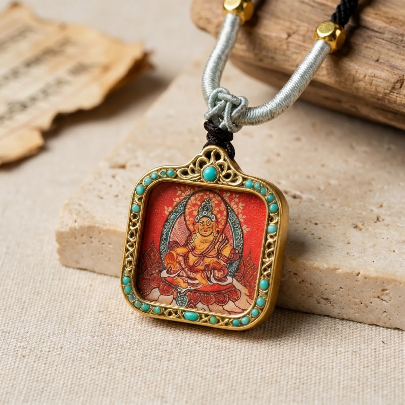 Yellow Jambhala Hand-Painted Thangka Pendant | God of Wealth & Prosperity Amulet thumbnail