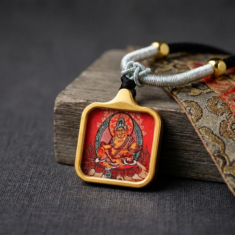Yellow Jambhala Hand-Painted Thangka Pendant | God of Wealth & Prosperity Amulet thumbnail