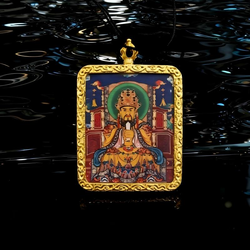 Yellow Jambhala Hand-Painted Thangka Pendant | Tibetan Wealth God Amulet for Prosperity & Financial Luck thumbnail