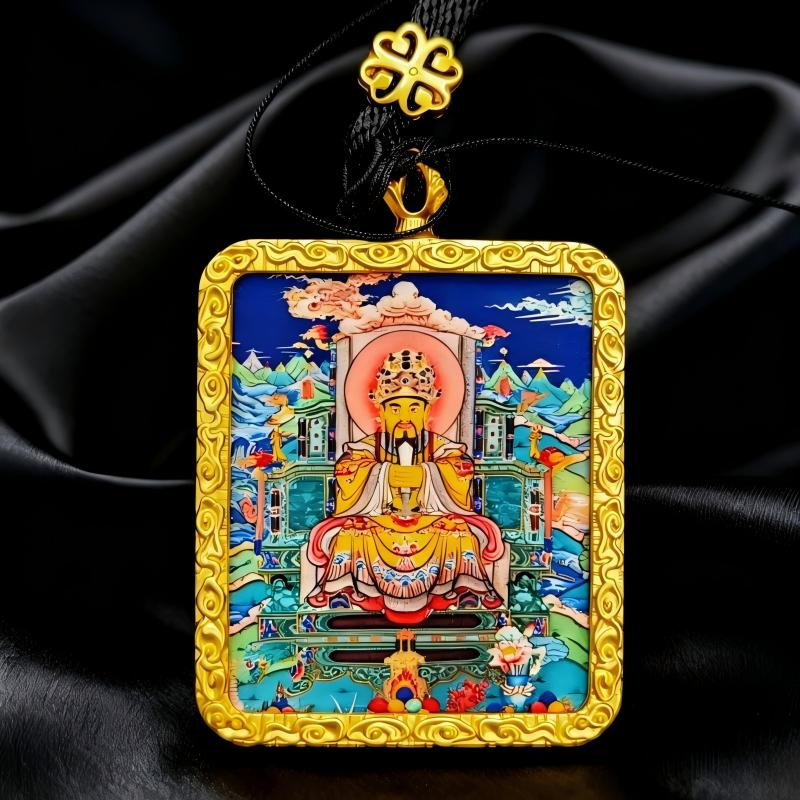 Yellow Jambhala Hand-Painted Thangka Pendant | Tibetan Wealth God Amulet for Prosperity & Financial Luck thumbnail
