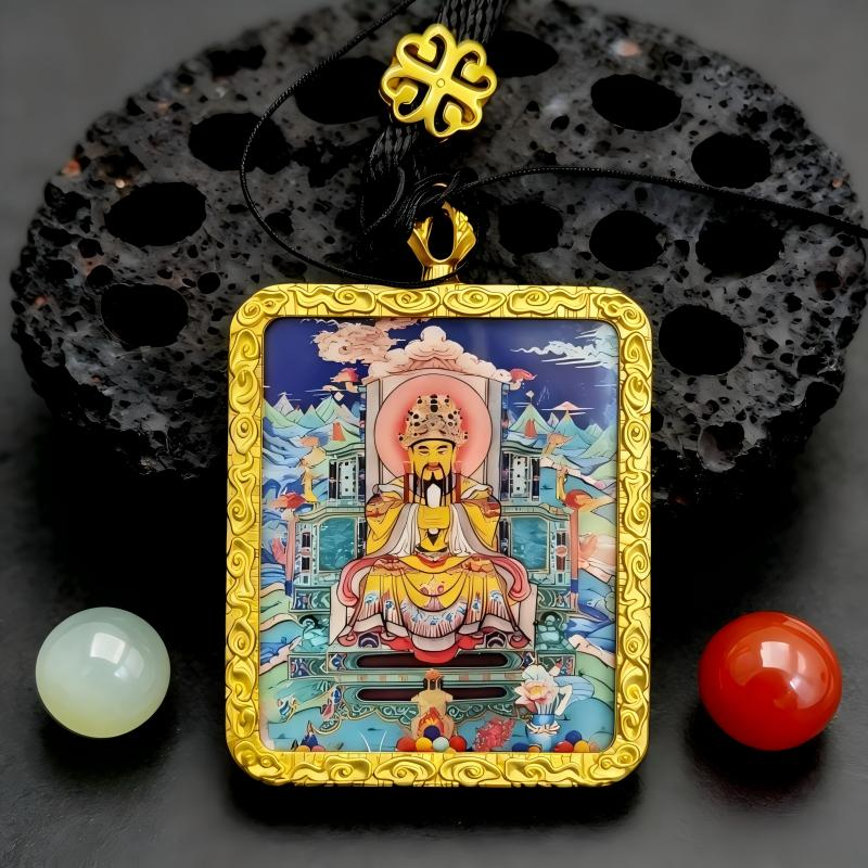 Yellow Jambhala Hand-Painted Thangka Pendant | Tibetan Wealth God Amulet for Prosperity & Financial Luck thumbnail