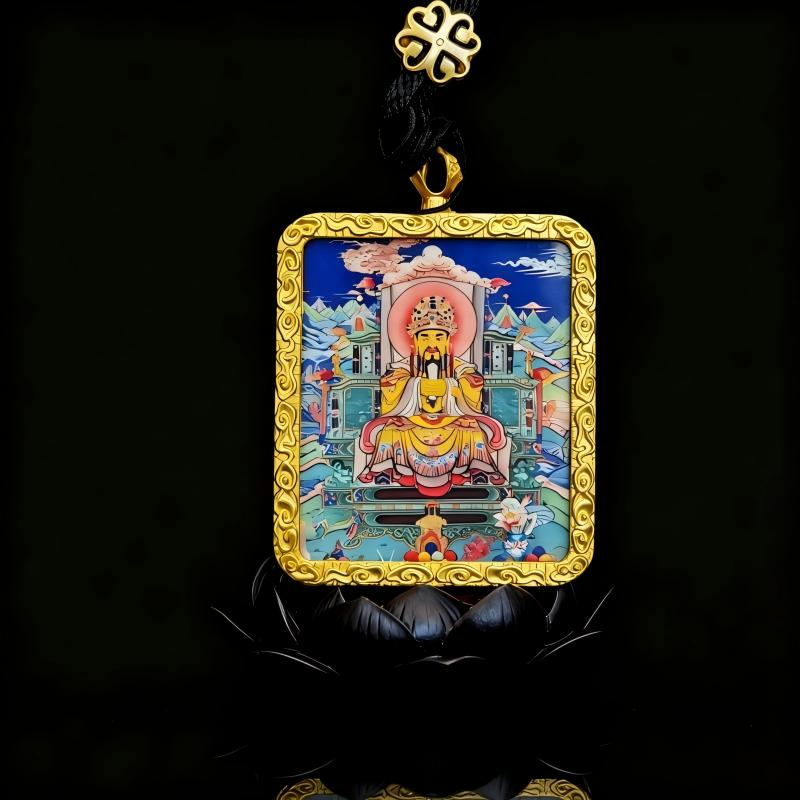 Yellow Jambhala Hand-Painted Thangka Pendant | Tibetan Wealth God Amulet for Prosperity & Financial Luck thumbnail