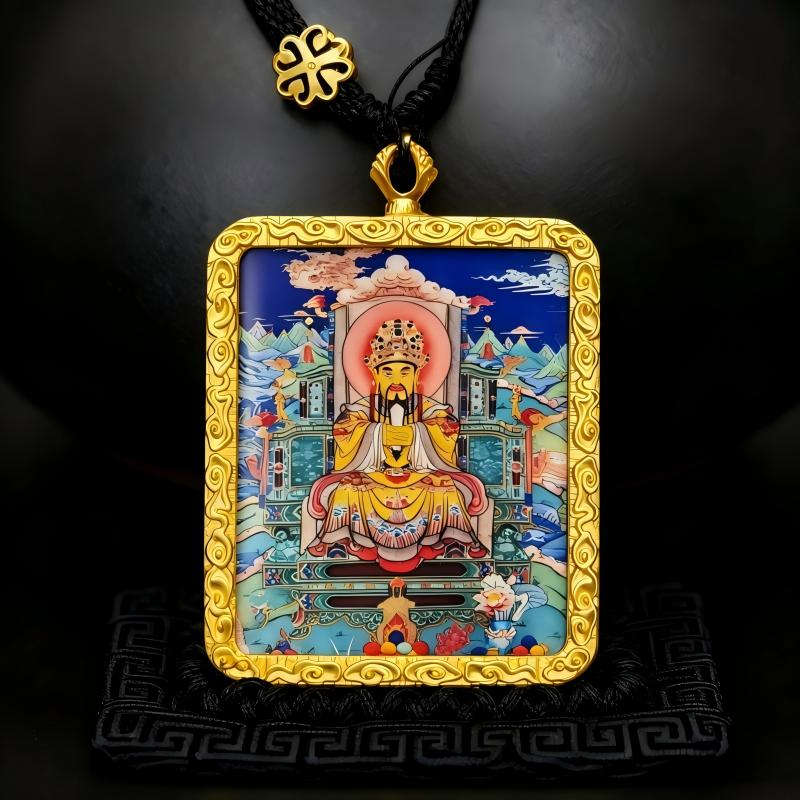 Yellow Jambhala Hand-Painted Thangka Pendant | Tibetan Wealth God Amulet for Prosperity & Financial Luck thumbnail