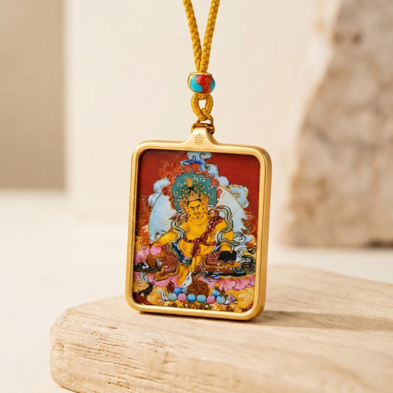 Yellow Jambhala Thangka Style Wall Art | Tibetan God of Wealth & Prosperity Decor thumbnail